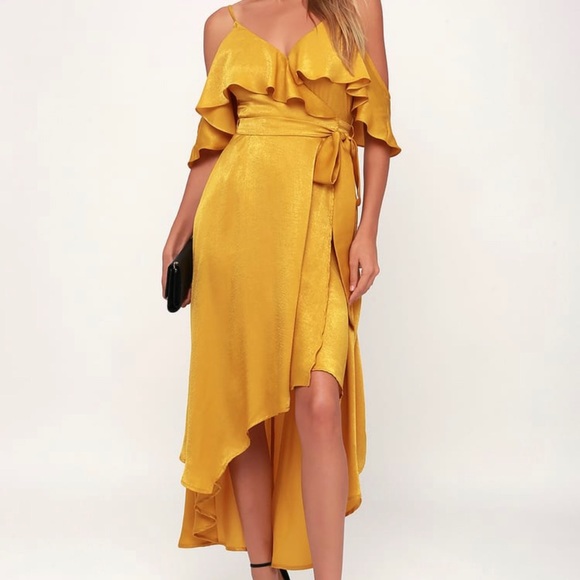 Lulus Dresses & Skirts - Mustard Yellow Satin Wrap Dress